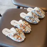 Kids Girl Floral Cloth Pearl Bowknot Soft Rubber Flats Summer Slipper Shoes