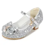 Girls Princess Glitter Sequins Bowknot Pearl Rough Heel Dress Shoes