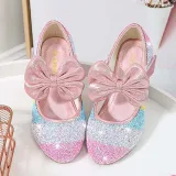 Girls Rainbow Princess Sequins Glitter Bowknot Stubby Heel Dress Shoes