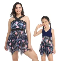 Matching Family Swimsuit Mom and Me Flower Prints Crossing Halter Plus Size Bikini Swimwear