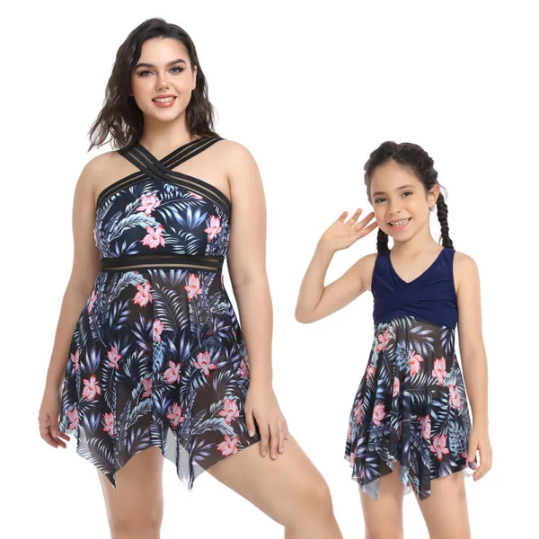 Matching Family Swimsuit Mom and Me Flower Prints Crossing Halter Plus Size Bikini Swimwear