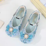 Girls Princess Glitter Sequins Mesh Pearl Bow Soft Soled Flat Dress Shoes