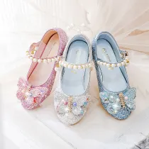Girls Princess Glitter Sequins Butterfly Mary Jane Low Heel Dress Shoes