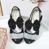 Girls Rainbow Princess Sequins Glitter Bowknot Stubby Heel Dress Shoes