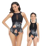 Matching Family Swimsuit Crossing Halter Mesh Palm Leaves Mom and Me Swimwear