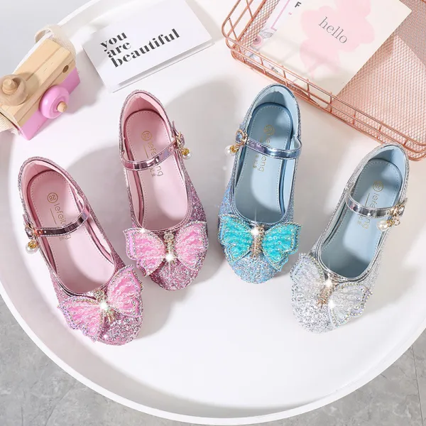 Girls Princess Glitter Sequins Bowknot Rough Heel Dress Shoes