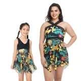 Matching Family Swimsuit Mom and Me Flower Prints Crossing Halter Plus Size Bikini Swimwear
