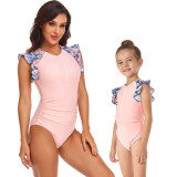 Matching Family Swimsuit Mom and Me Drawstring High Waist Halter Ruffles One Piece Swimwear