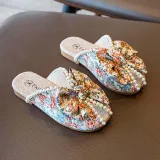 Kids Girl Floral Cloth Pearl Bowknot Soft Rubber Flats Summer Slipper Shoes