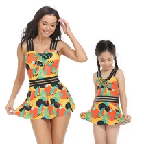 Matching Family Swimsuit Palm Leaves Prints Hight Waist Mom and Me Swimwear
