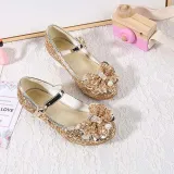 Girls Princess Glitter Sequins Bowknot Pearl Rough Heel Dress Shoes