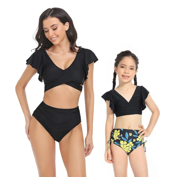 Matching Family Swimsuit Mom and Me Ruffle Hight Waist Tankini Bikini Set Swimwear