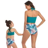 Matching Family Swimsuit Mom and Me Drawstring Hight Waist Palm Leaves Bikinis