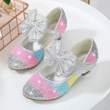 Girls Rainbow Princess Sequins Glitter Bowknot Stubby Heel Dress Shoes