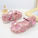 Girls Princess Glitter Sequins Mesh Pearl Bow Soft Soled Flat Dress Shoes