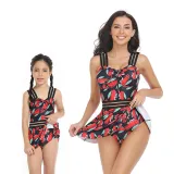 Matching Family Swimsuit Palm Leaves Prints Hight Waist Mom and Me Swimwear
