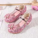 Girls Princess Glitter Sequins Bowknot Pearl Rough Heel Dress Shoes