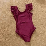 Matching Family Swimsuit Mom and Me Wine Red Ruffle Padded One Piece Swimwear