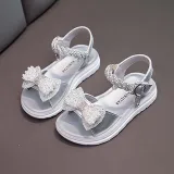 Kids Girl Glittering Mesh Pearl Bowknot Soft Flats Summer Sandal Dress Shoes
