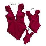 Matching Family Swimsuit Mom and Me Wine Red Ruffle Padded One Piece Swimwear