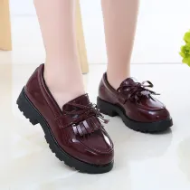 Girls Soft Soled Patent Leather Tassel Bow Loafers Shoes