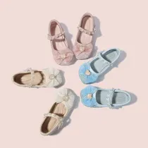 Girls Princess Glitter Sequins Mesh Bow Soft FlatDress Shoes