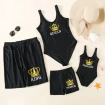 Matching Family Swimsuit King Prince Swim Black Swim Trunks and Queen Princess Bikini Swimwear