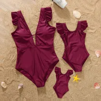 Matching Family Swimsuit Mom and Me Wine Red Ruffle Padded One Piece Swimwear