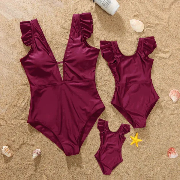 Matching Family Swimsuit Mom and Me Wine Red Ruffle Padded One Piece Swimwear
