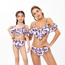 Matching Family Swimsuit Mom and Me Pink Butterflies Off The Shoulder Bikinis