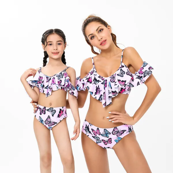 Matching Family Swimsuit Mom and Me Pink Butterflies Off The Shoulder Bikinis