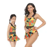 Matching Family Swimsuit Palm Leaves Prints Hight Waist Mom and Me Swimwear