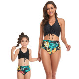 Matching Family Swimsuit Mom and Me Drawstring Hight Waist Palm Leaves Bikinis