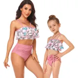 Mom and Me Flowers Off The Shoulders Drawstring High Waist Halter Bikinis Set
