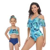 Matching Family Swimsuit Mom and Me Palm Leaves Prints Tropical Bikini Set Swimwear