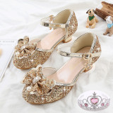 Girls Princess Glitter Sequins Bowknot Pearl Rough Heel Dress Shoes