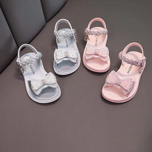 Kids Girl Glittering Mesh Pearl Bowknot Soft Flats Summer Sandal Dress Shoes