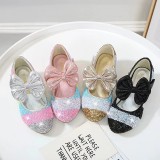 Girls Rainbow Princess Sequins Glitter Bowknot Stubby Heel Dress Shoes