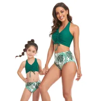Matching Family Swimsuit Mom and Me Drawstring Hight Waist Palm Leaves Bikinis