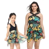 Matching Family Swimsuit Mom and Me Flower Prints Crossing Halter Plus Size Bikini Swimwear
