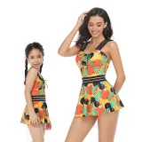 Matching Family Swimsuit Palm Leaves Prints Hight Waist Mom and Me Swimwear