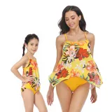 Matching Family Swimsuit Mom and Me Sling Mesh Flower Prints Two Pieces Bikini Set Swimwear