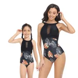 Matching Family Swimsuit Crossing Halter Mesh Palm Leaves Mom and Me Swimwear