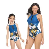 Matching Family Swimsuit Crossing Halter Mesh Palm Leaves Mom and Me Swimwear