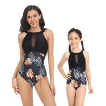Matching Family Swimsuit Crossing Halter Mesh Palm Leaves Mom and Me Swimwear