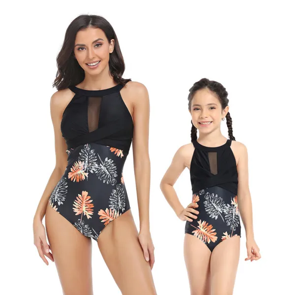 Matching Family Swimsuit Crossing Halter Mesh Palm Leaves Mom and Me Swimwear