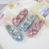 Girls Princess Glitter Sequins Mesh Pearl Bow Soft Soled Flat Dress Shoes