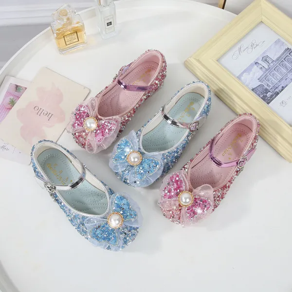 Girls Princess Glitter Sequins Mesh Pearl Bow Soft Soled Flat Dress Shoes