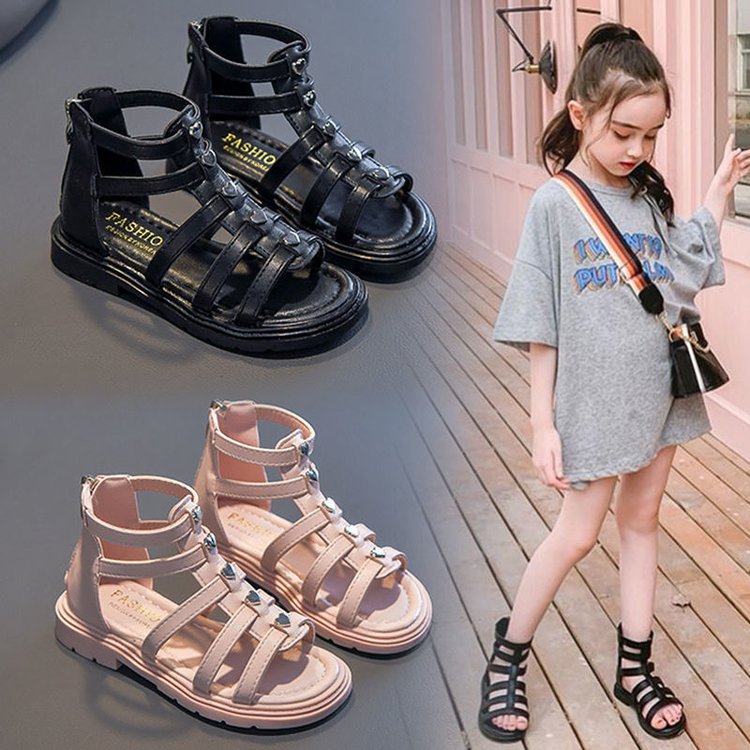 Kids Girl Soft Flat Non-slip Heel Zipper Gladiator Summer Sandals