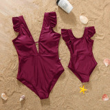 Matching Family Swimsuit Mom and Me Wine Red Ruffle Padded One Piece Swimwear